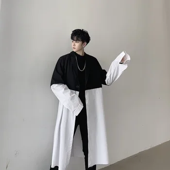 

Men Vintage Casual Loose long sleeve shirt coat Outerwear White Black Splice Male Japan Street Long Windbreaker Jacket Overcoat