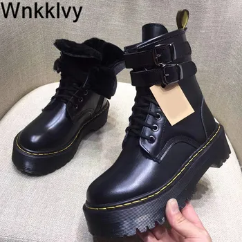 

Winter shoes thick bottom short boots 2020 women round toe genuine leather ankle botas warm sheep fur lining martn shoes 2020