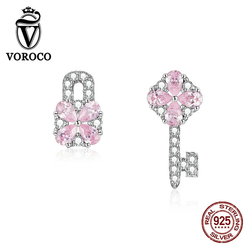 VOROCO BNE306, 925 пробы, серебряный, розовый ключ, сердце, замок, серьги-гвоздики, для женщин, хорошее ювелирное изделие для свадьбы, корейский стиль, серьги для девочек