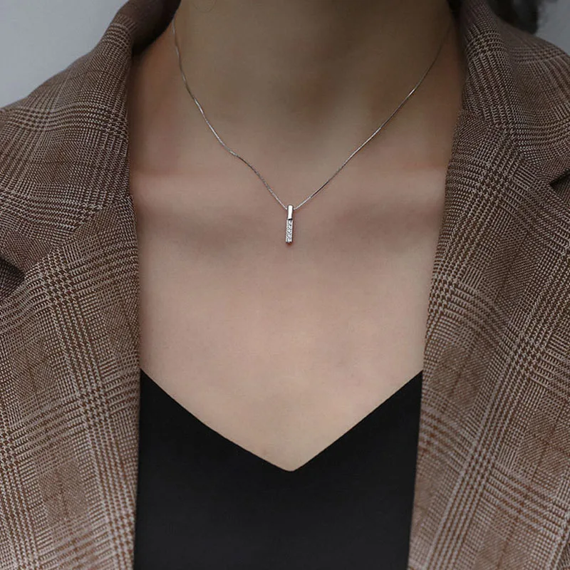 Silver Necklace 925 Sterling Simple Geometric Cubic Zircon Shiny Clavicle Chain Ladies Fashion Jewel