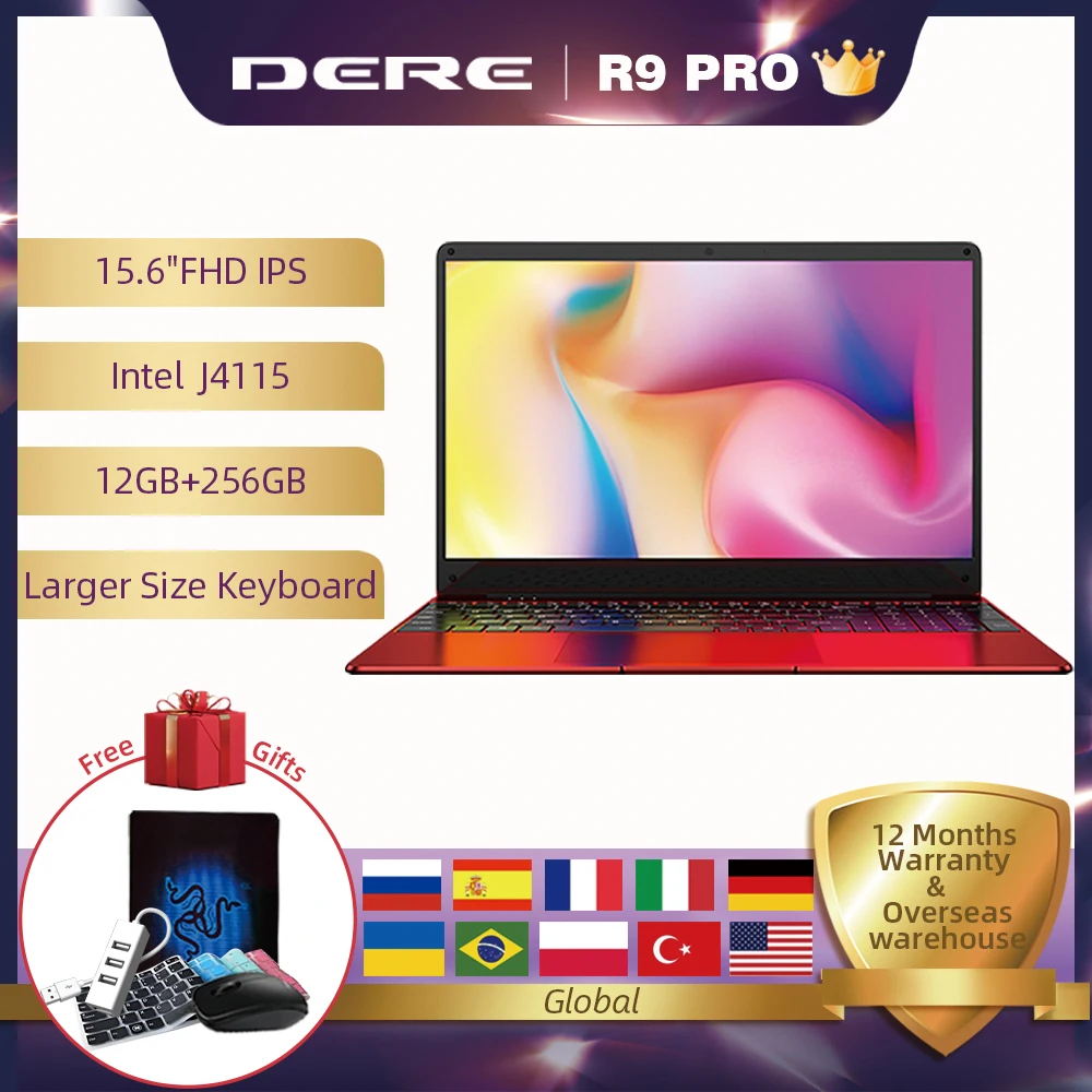 Ноутбук Dere R9 PRO 15 6 дюйма 12 Гб ОЗУ 256 ПЗУ SSD ноутбук Wndows 10 pro Intel Gemini lake J4115 портативный