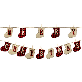

180cm Creative Merry Christmas Letter Banner Pendants Xmas String Hanging Flag Bunting Sock Shaped Decor For Home Party Mall