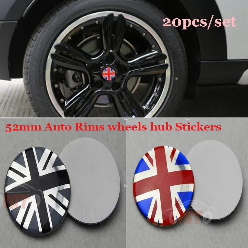 

ABS Car badge emblem label 52mm Auto Rims wheels hub Stickers For UK Flag Logo badge Fit for Mini Model Tire caps 20pcs/lot