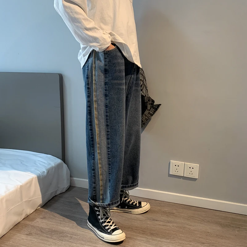 Low Price Straight Jeans Men's Fashion Washed Retro Contrast Color Casual Jean Pants Men Streetwear Loose Hip Hop Denim Trousers Mens