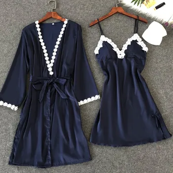 

Wedding Robe Suit Women 2PCS Lace Trim Bride Bridesmaid Sexy Bathrobe Set Casual V-neck Long Sleeve Kimono Bath Gown Negligee