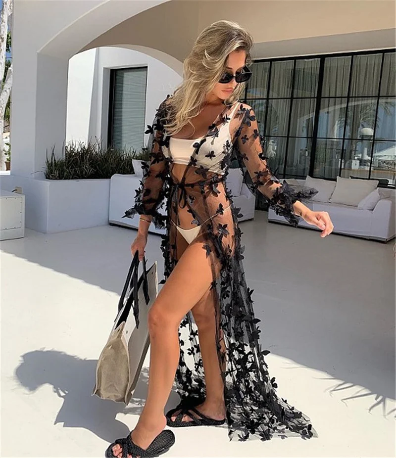Women's Long Swimsuit Cover Up Sexy Open Front 3D Flowy Kimono Cardigan Summer Holiday Beach Clothes Bathsuit