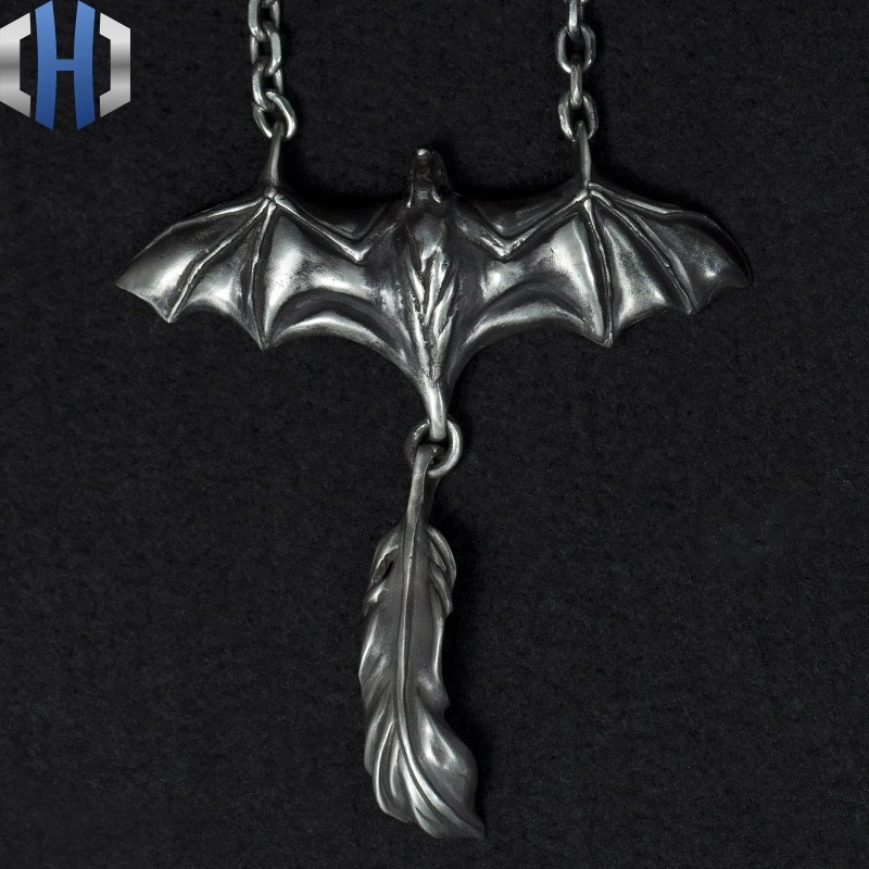 

Original Design Handmade Silver 925 Silver Night Spirit Feather Pendant Bat Necklace Pendant Punk Pendant