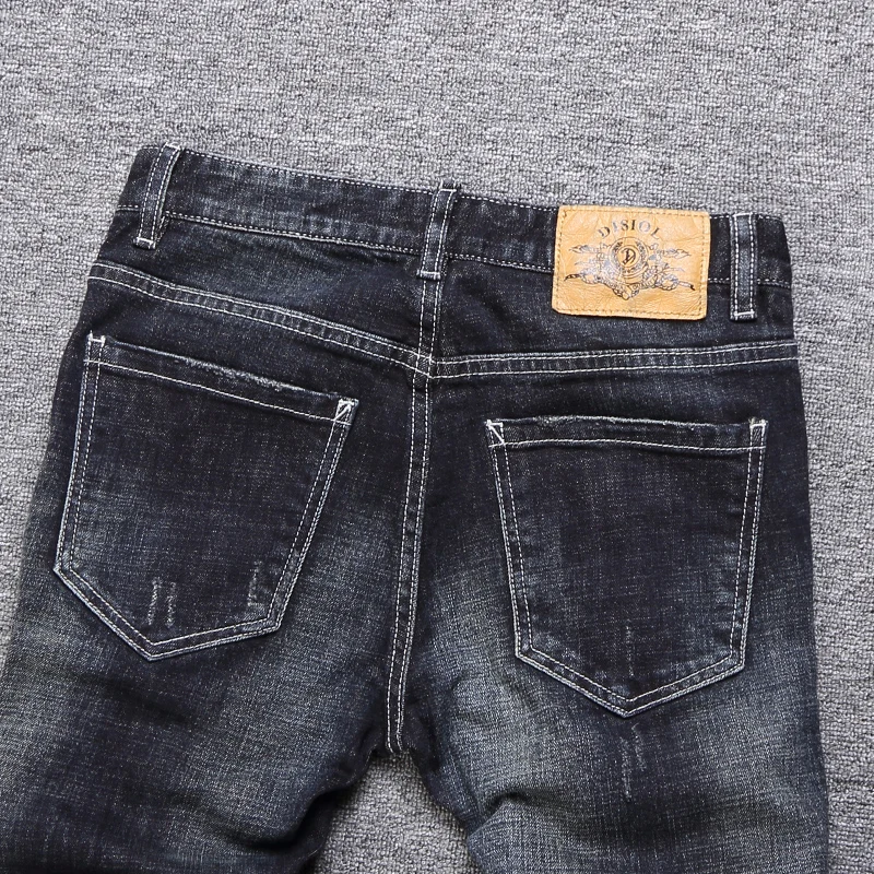 Italian Style Fashion Men Jeans Retro Black Blue Slim Fit Patches Designer Ripped Jeans Men Streetwear Hip Hop Pants Biker Jeans