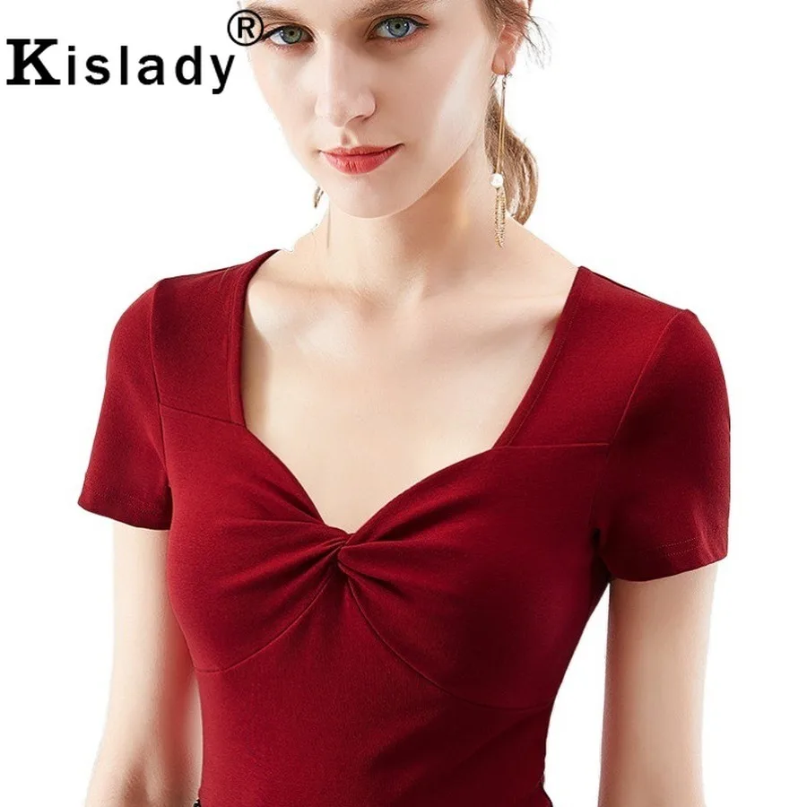 Kislady новые женские сексуальные хлопковые топы с глубоким v-образным вырезом размера плюс плиссированные дизайнерские футболки с коротким рукавом элегантный Корейский Японский Топ