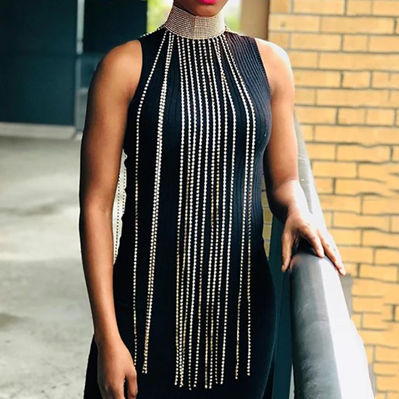 

Sexy club Rhinestone Party club Dress Halter Gold Silver Shiny Diamond Chain See Through Hollow Out Mini luxurious Tassel Dress