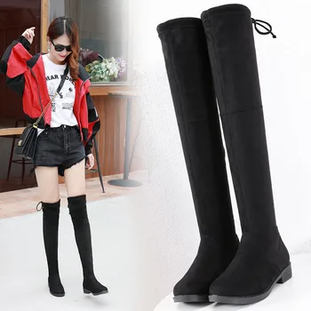 

Semi-High Heeled Boots Women over the Knee 2020 New Style Boots \N Flat Elastic Net Red Autumn All-match Winter Shoes