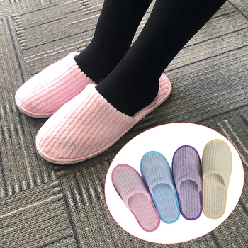 

Coral Velvet Disposable Slippers Plush Winter Warm Flat Fleeces Hotel Supplies Indoor Pink Yellow Non-slip Home Guest Slippers