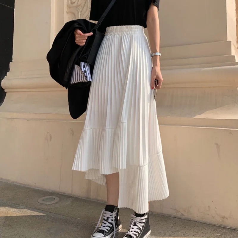 

2020 Solid Color Elastic High Waist Irregular Women Casual Skirt Stitching Ruffled Pleats White Black Retro Vintage Party Skater