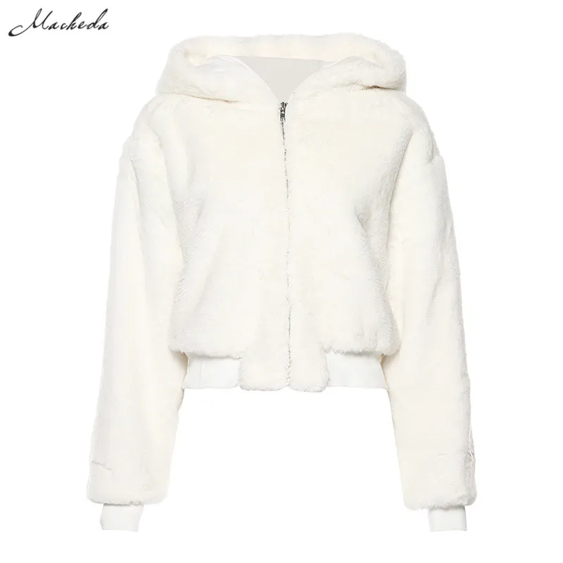 Macheda Autumn Winter Women Zipper Hooded White Long Sleeve Thick Fleece Outwear Fashion Lady Street Casual Jackets New - Цвет: Белый