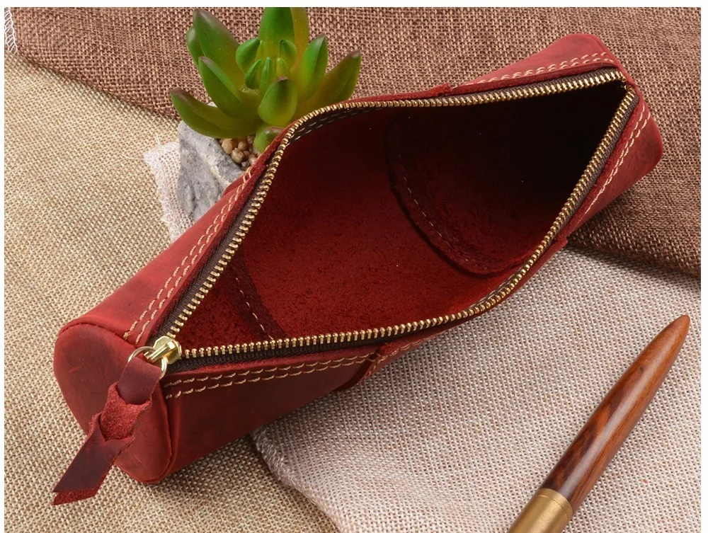 Genuine Leather Zipper Pen School Vintage Product Creative Pencil Stationary Model Trinodal Retro Handmade Bag Style