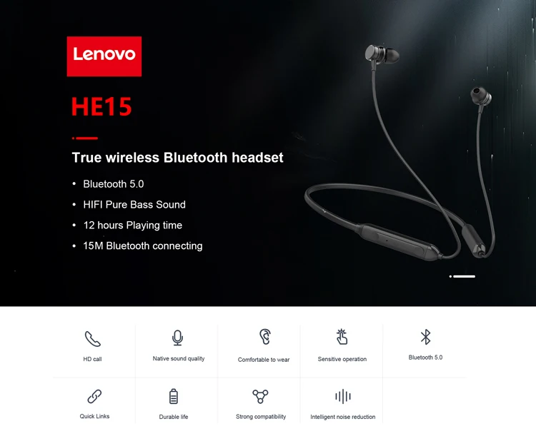 Lenovo Спортивная беспроводная гарнитура HE15 Bluetooth 5,0 с микрофоном, наушники с глубоким басом, активные магнитные наушники с шумоподавлением