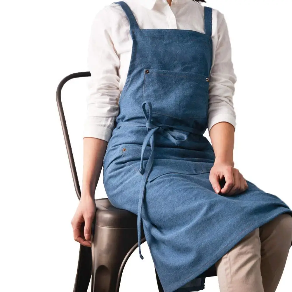 large Adjustable denim Cooking Kitchen Apron For Woman Men Cafe Shop