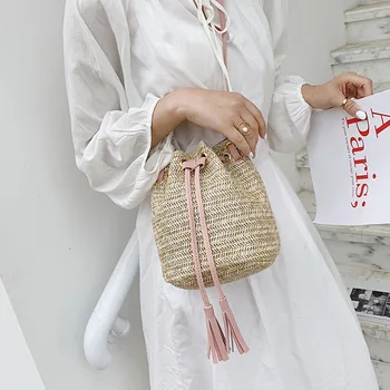

Bags For Women 2019 Sweet Beach All-match Straw Solid Color Drawstring Concise Bucket Shape Shoulder Bag