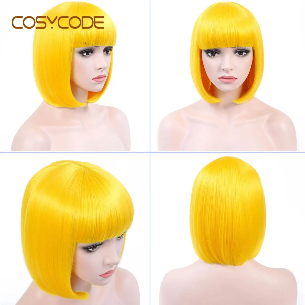 yellow COSYCODE 12 дюймов короткий черный боб парики с челкой прямые некружевные синтетические Косплей парики костюм 30 см - Цвет: yellow