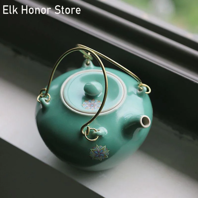 175ml Handmade Turquoise Glazed Ceramic Teapot Japanese Style Small Loophandled Teapot Flower