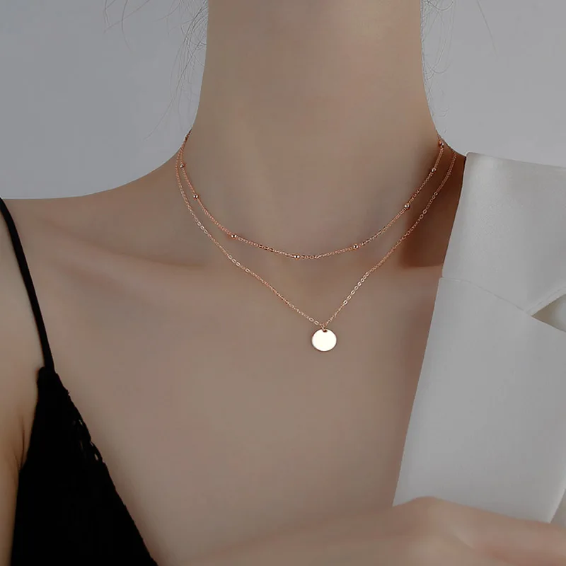 925 Sterling Silver Double Layer Choker Necklace Round Piece Pendant Necklaces Gift for Women Fine Accessories Jewelry