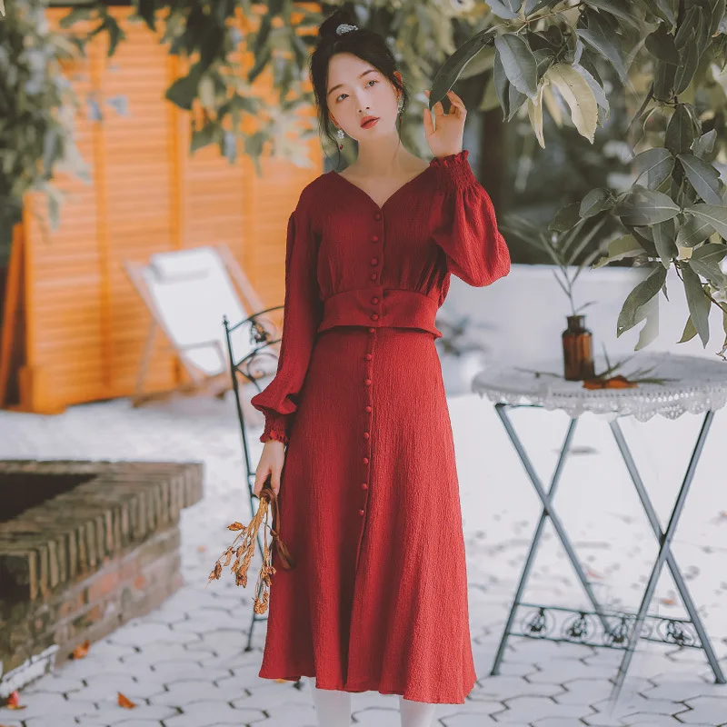 

2019 new fashion women's French retro V-neck long-sleeved shirt + skirt two-piece skirt set