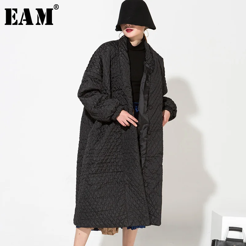 [EAM] длинное теплое хлопковое Стеганое пальто большого размера с длинным рукавом, Свободная Женская парка, модная новинка осень-зима WTH12