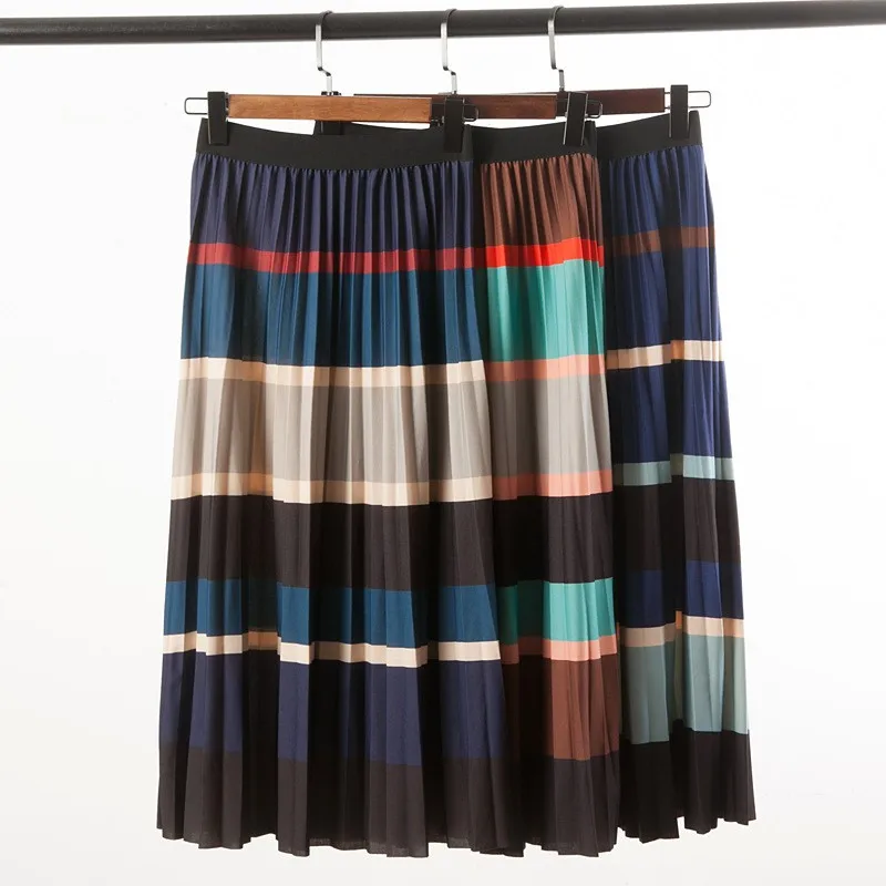 Юбки женские Осень Зима Ретро Высокая талия юбка плиссированная юбка длинная Полосатая юбка Faldas Mujer Moda
