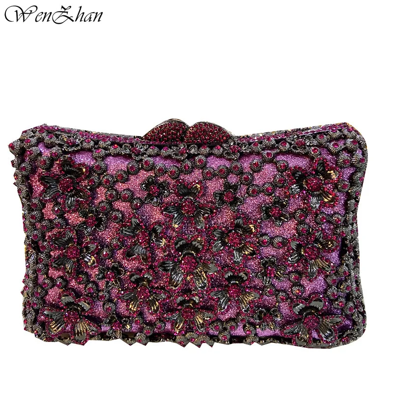 

Elegant Purple Women Crystal Evening Bags Hollow Out Ladies Diamond Minaudiere Wedding Clutch Handbag and Purse A9-1