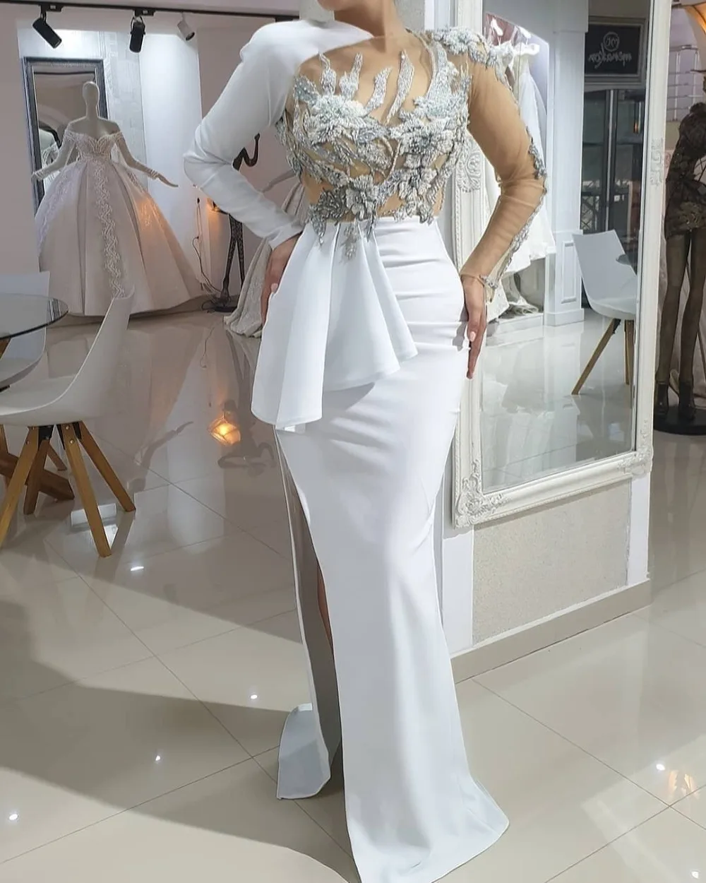 High End White Floral Appliques Beaded Evening Dresses 2021 See Thru Full Sleeves Prom Gowns Sexy Side Split Formal Dress | Свадьбы и