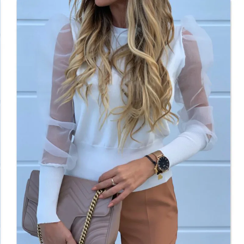 

Women Mesh Sheer Long Puff Sleeve Elegant Blouse Shirts Black White Solid Casual Slim Blouses Tops Female Shirts Blusas