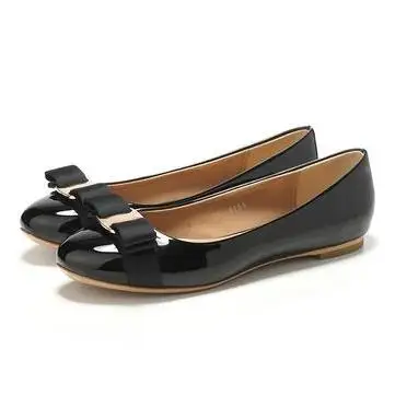 black flats ; Весенняя рабочая обувь из лакированной кожи с круглым носком и бантом; тонкие женские туфли на низком каблуке - Цвет: black flats