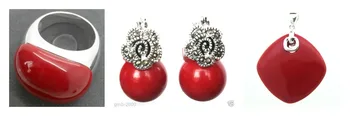 

Nice Red Carved Lacquer Marcasite 925 Sterling Silver Ring(#7-10) Earrings & Pandent jewelry sets