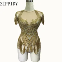 Золотые цепочки со стразами дизайн боди Женская певица одежда со стразами сценическая одежда день рождения, празднование Бар одежда для ночного клуба, для танцев