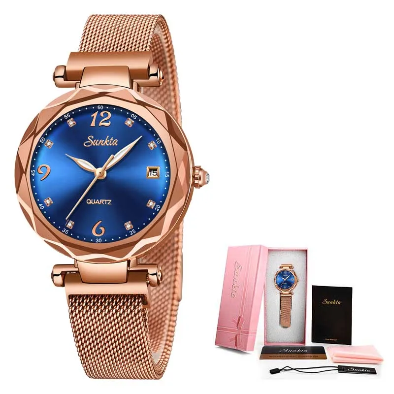 Montre Femme, SUNKTA, женские часы, модные, магнит, сетка, с часами, женские, спортивные, водонепроницаемые, кварцевые, наручные часы, Relogio Feminino - Цвет: Rose gold blue