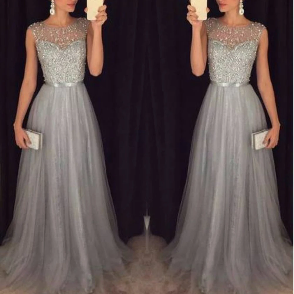 

Fashion Formal Wedding Bridesmaid Long Floor-Length Party Dress Sleeveless Party Mesh Dresses