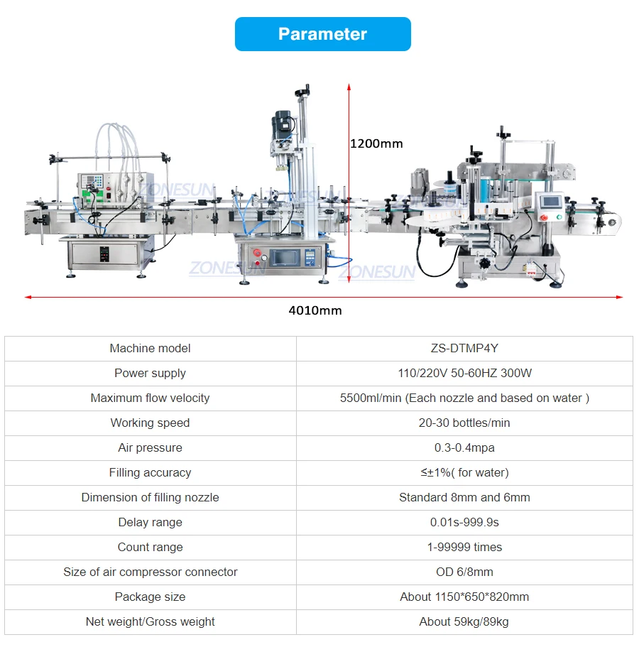 ZONESUN ZS-FAL180C9 Automatic Production Line Essential Oil Square Bottle Filling Capping And Double Side Labeling Machine