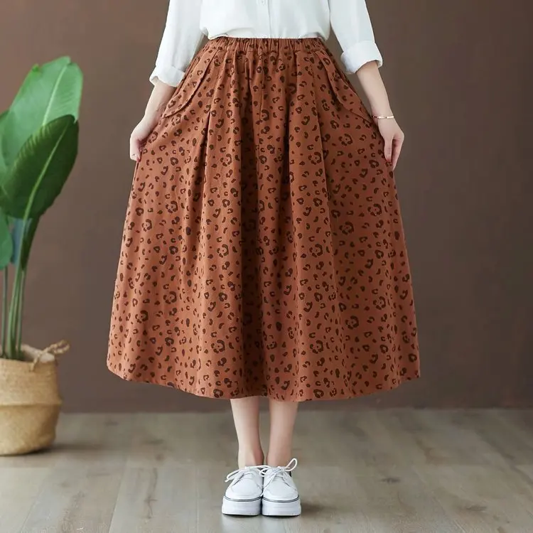 

2019 Early Autumn New Style Casual Washing Floral Printed Elastic Waist Retro Big Skirt Medium-length Dress A- line Skirt Women'