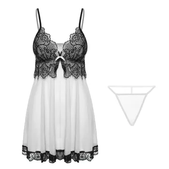 

2020 New Ladies Underwear Sexy Sling Top + Sexy Thong Perspective Mesh Lace Deep V Female Underwear Set White Red