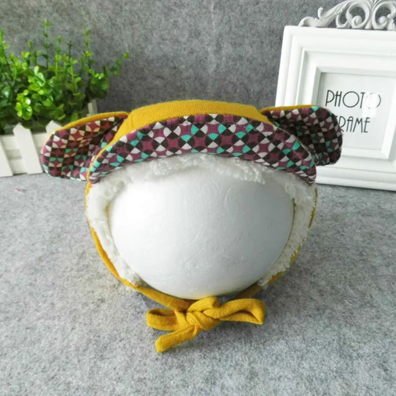 Yellow plush Зимняя шапка с кроликом, детская шапочка, Enfant, зимняя шапка для детей, шапка для мальчиков и девочек, детская шапка, реквизит для фотосессии, плюшевая подкладка, желтый/розовый, для 0-18 месяцев - Цвет: Yellow plush