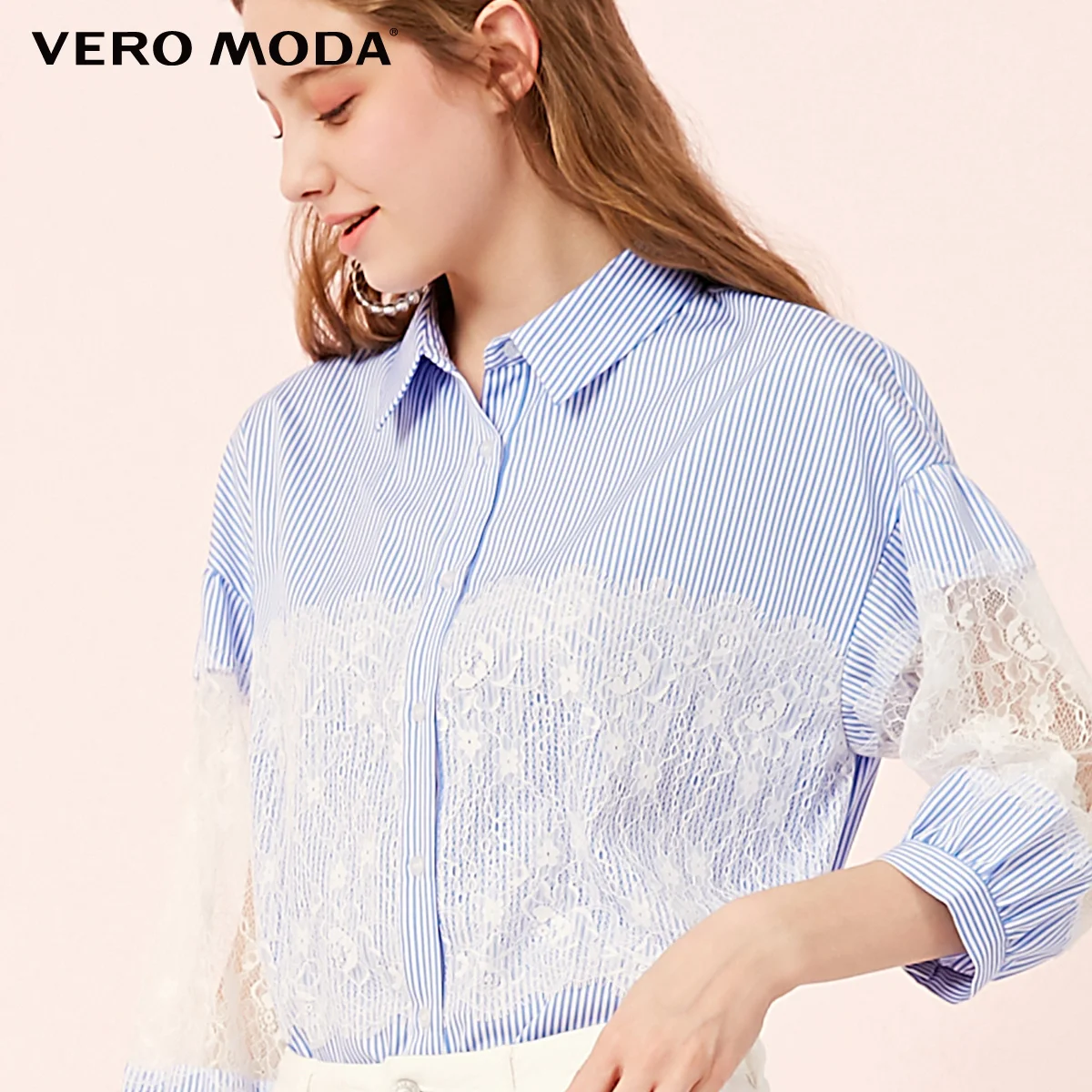 Vero Moda Женская Полосатая кружевная рубашка с 3/4 рукавами | 319131540