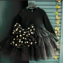 Детское платье для девочек в Корейском стиле; праздничная одежда черного цвета с длинными рукавами и бантом; женские костюмы для костюмированной вечеринки на Хэллоуин