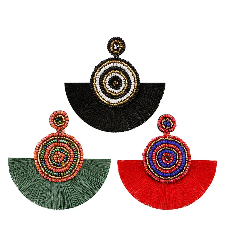 

ZWPON Bohemia Style Color Fan-shape Cotton Fringe Drop Earrings Circle Multicolored Beads Ethnic Drop Earrings For Woman Jewelry