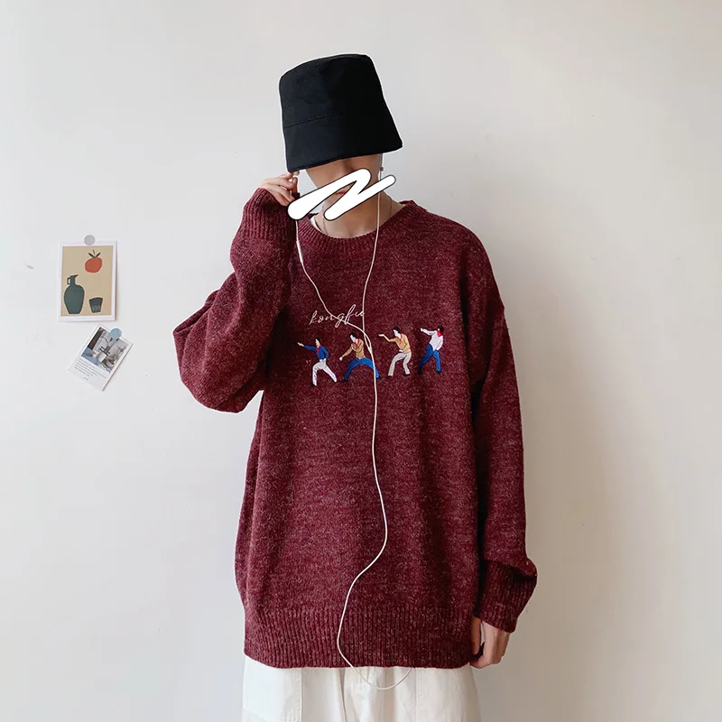 Autumn New Cartoon Men's Sweater Ins Hong Kong Sweaters Long Sleeve O-neck Korean Loose Thick Male Sweaters Sueter De Hombre - Цвет: 01