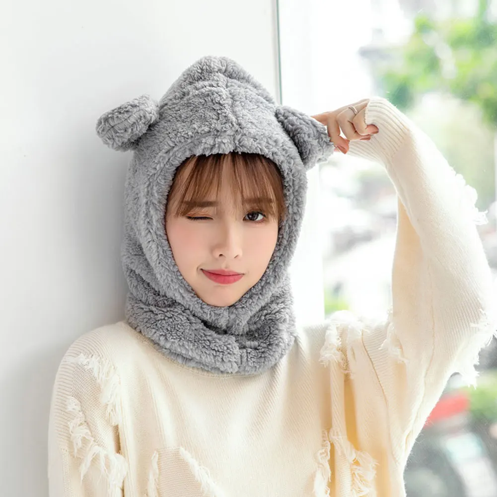 Fashion Accessories Winter Warm Earflap Hood Full-Cover Face Mask Women Cute Fleece Scarf Hat Windproof Protective Neck Hat
