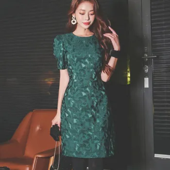 

Women Spring Green jacquard Dresses 2020 Korean fashion Work Casual Short Sleeve Retro Slim A-line Party Dress Vestidos