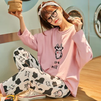 

Set Cartoon Cow Pattern Home Clothes Two-piece Long-sleeved Trousers Sleepwear Women's Cotton 100 2020 Autumn New Pajamas