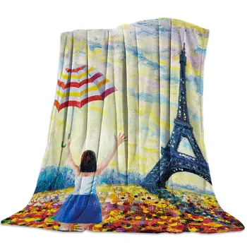 

Oil Painting Style Eiffel Tower Little Girl Umbrella Throw Blanket Soft Comfortable Velvet Plush Blankets Warm Sofa Bed Sheets
