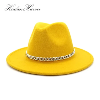 

2020 High Quality Wide Brim Fedora Hat Women Men Imitation Wool Felt Hats with Metal Chain Decor Panama Fedoras Chapeau Sombrero