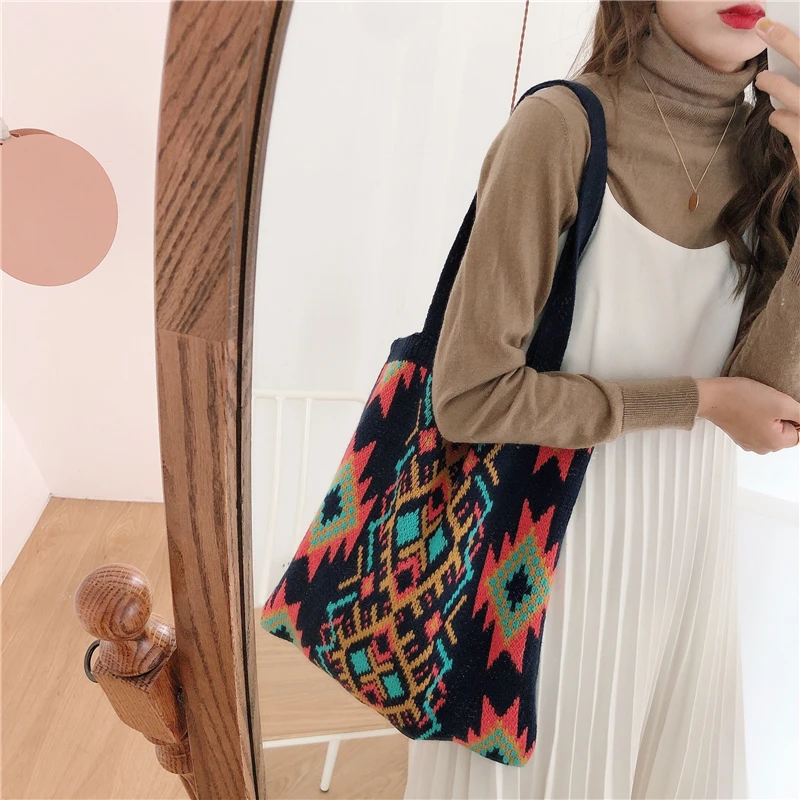 Hylhexyr 2021 Weave Women Casual Bag Retro Pattern Boho Chic Female Tote Bag Crochet Daily Handbag Large Capacity Open Bags